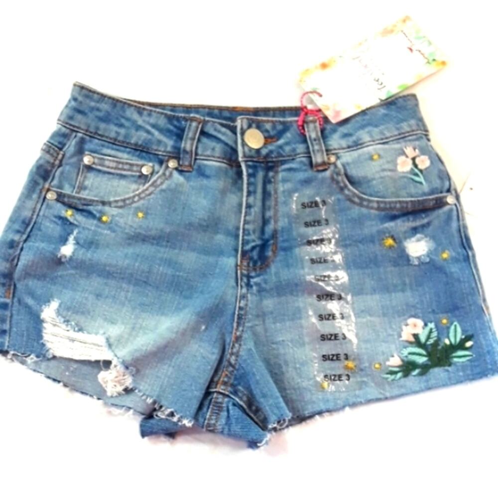 NWT Juniors Sz 3 Embroidered Distressed Highrise Grunge Denim Cutoff Shorts